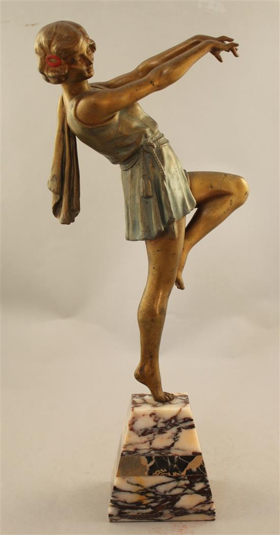 A French Art Deco patinated and cold painted metal figure of a dancing girl, 15.5in.